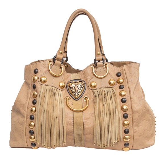 Gucci Handbags - Gucci Vintage GG Babouska Leather Tote Bag Beige Fringe Studded Shoulder Bag LRG